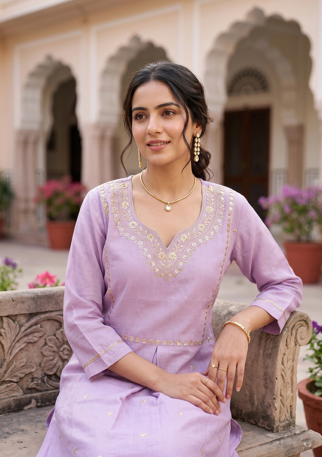 Lavender Art Silk Cording A Line Kurta With Regular Pant And Dupatta