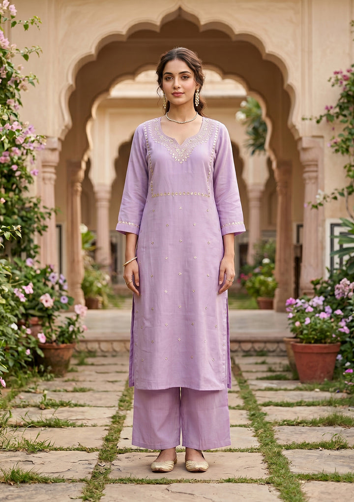 Lavender Art Silk Cording A Line Kurta With Regular Pant And Dupatta