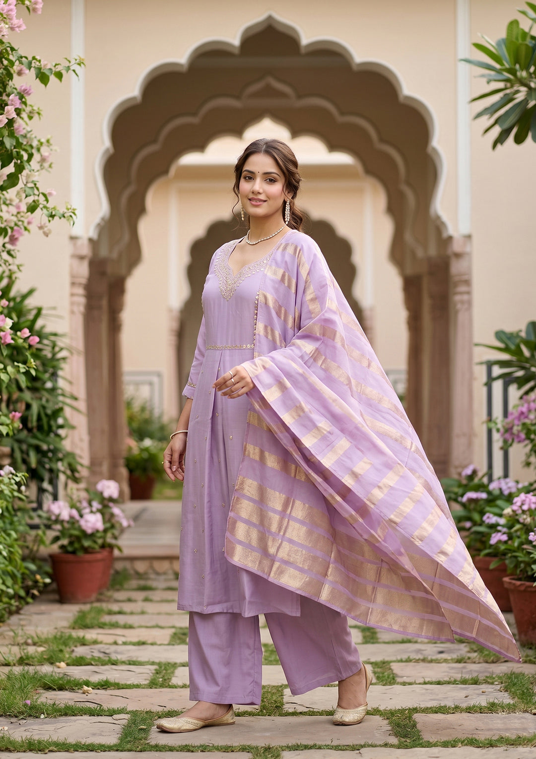 Lavender Art Silk Cording A Line Kurta With Regular Pant And Dupatta