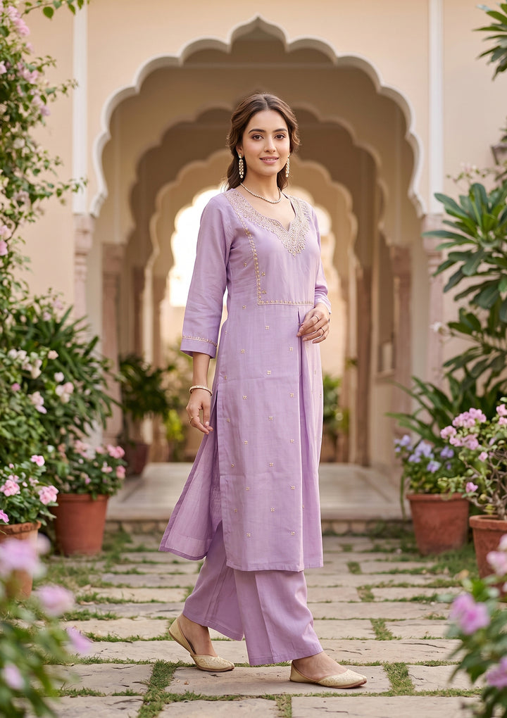 Lavender Art Silk Cording A Line Kurta With Regular Pant And Dupatta