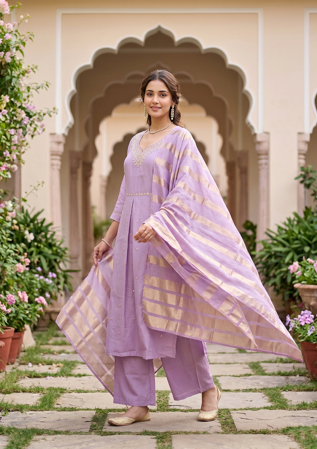 Lavender Art Silk Cording A Line Kurta With Regular Pant And Dupatta