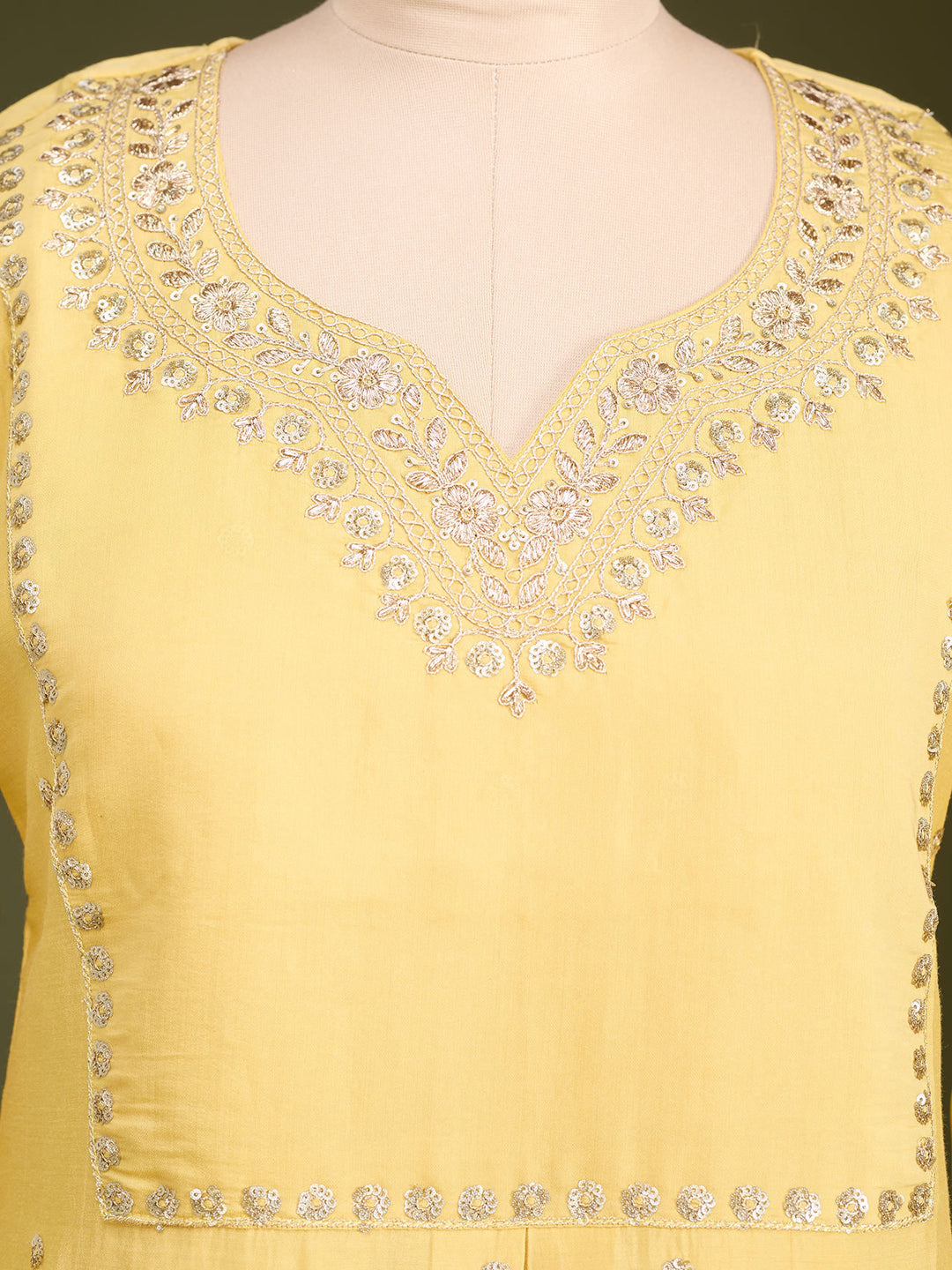 Yellow Art Silk Cording A Line Kurta With Pant Regular And Dupatta
