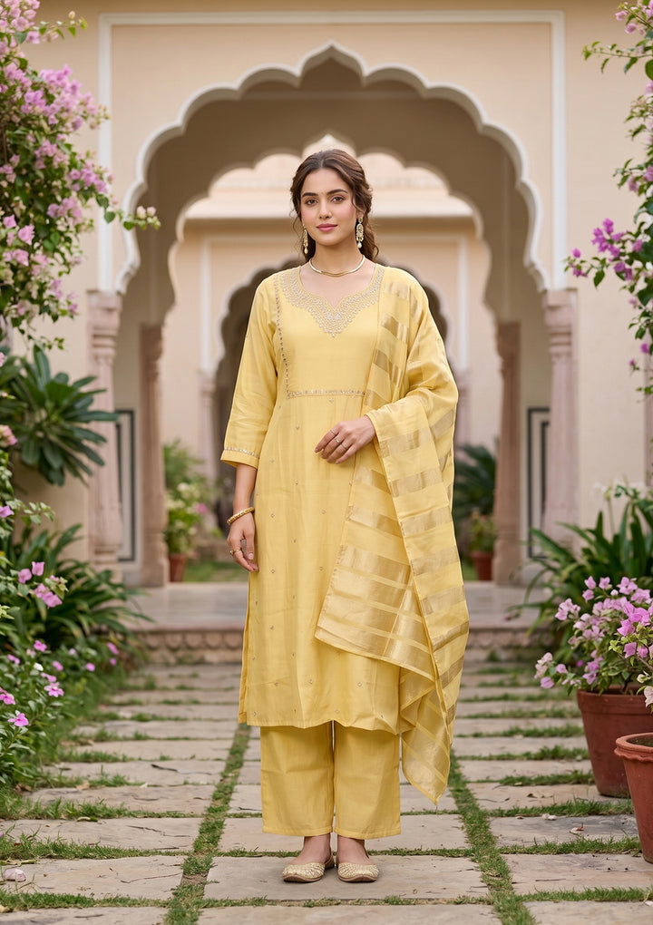 Yellow Art Silk Cording A Line Kurta With Pant Regular And Dupatta