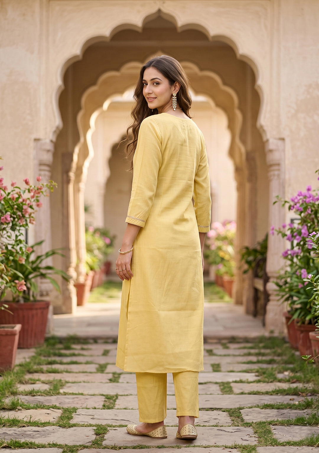 Yellow Art Silk Cording A Line Kurta With Pant Regular And Dupatta