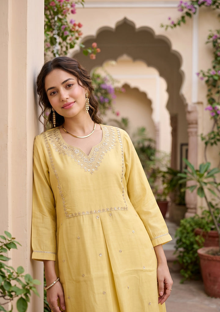 Yellow Art Silk Cording A Line Kurta With Pant Regular And Dupatta