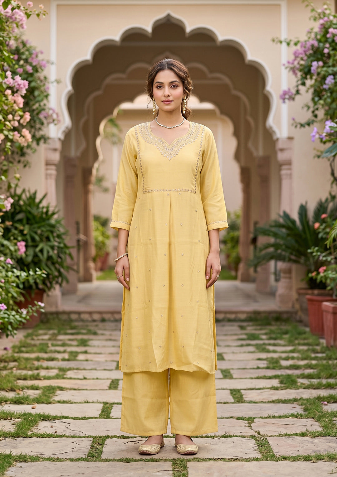 Yellow Art Silk Cording A Line Kurta With Pant Regular And Dupatta