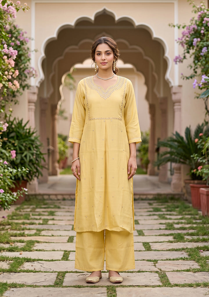 Yellow Art Silk Cording A Line Kurta With Pant Regular And Dupatta