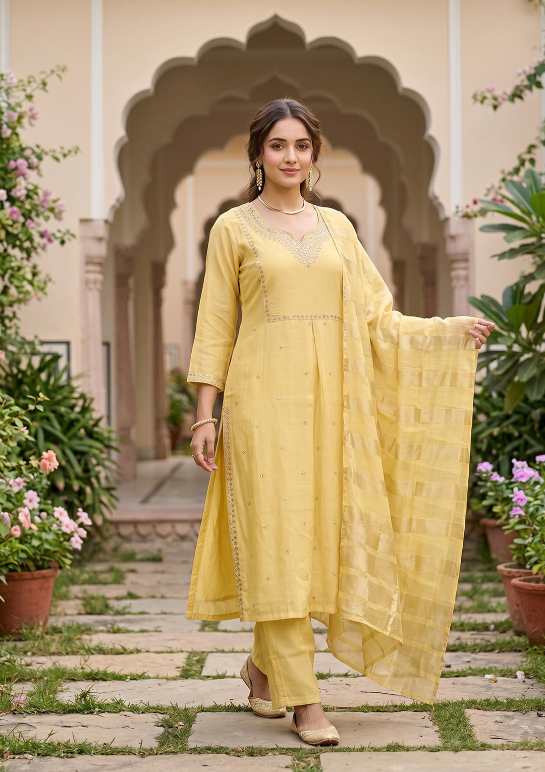 Yellow Art Silk Cording A Line Kurta With Pant Regular And Dupatta