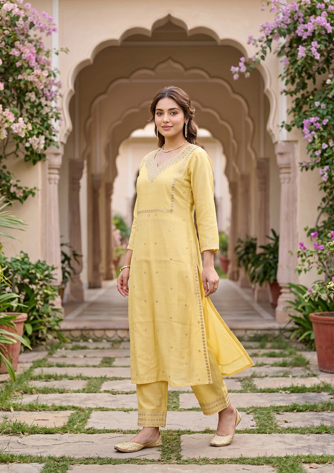 Yellow Art Silk Cording A Line Kurta With Pant Regular And Dupatta