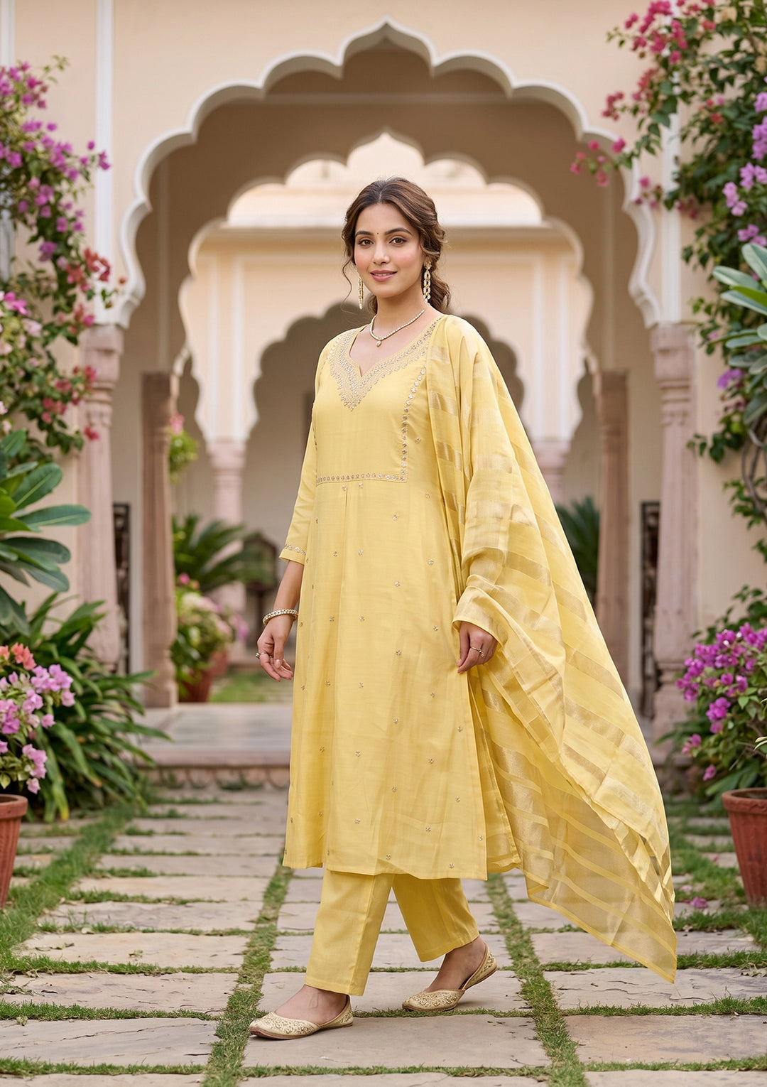 Yellow Art Silk Cording A Line Kurta With Pant Regular And Dupatta