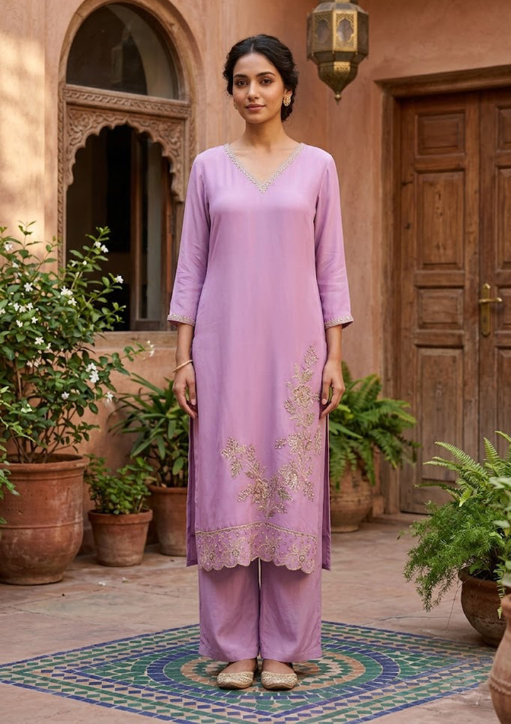 Mauve Semi Crepe Threadwork Straight Kurta With Pant Regular And Dupatta