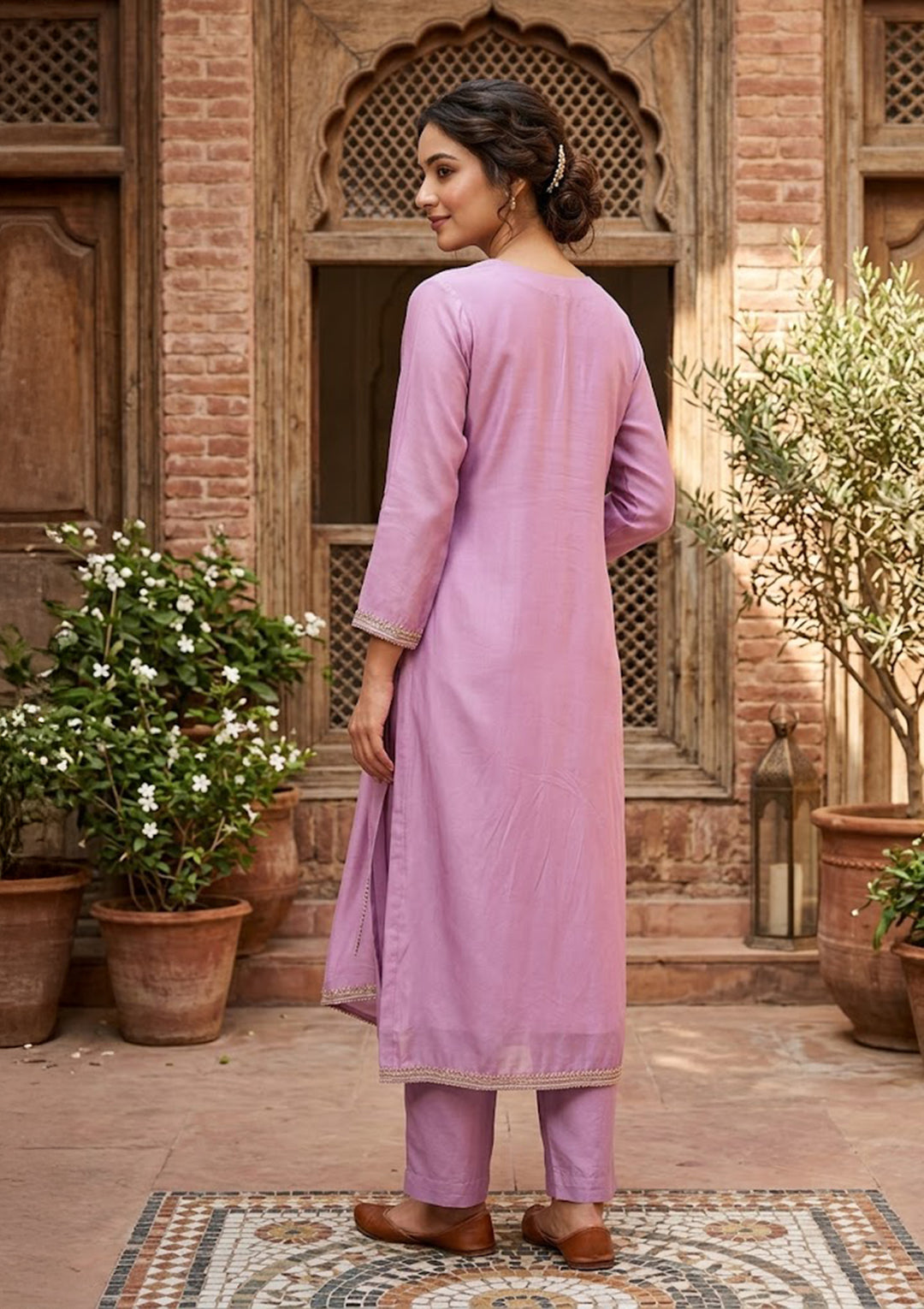 Mauve Semi Crepe Threadwork Straight Kurta With Pant Regular And Dupatta