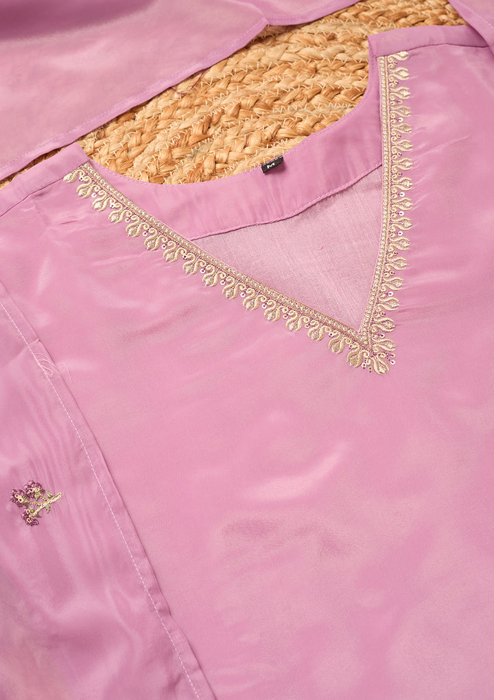 Mauve Semi Crepe Threadwork Straight Kurta With Pant Regular And Dupatta