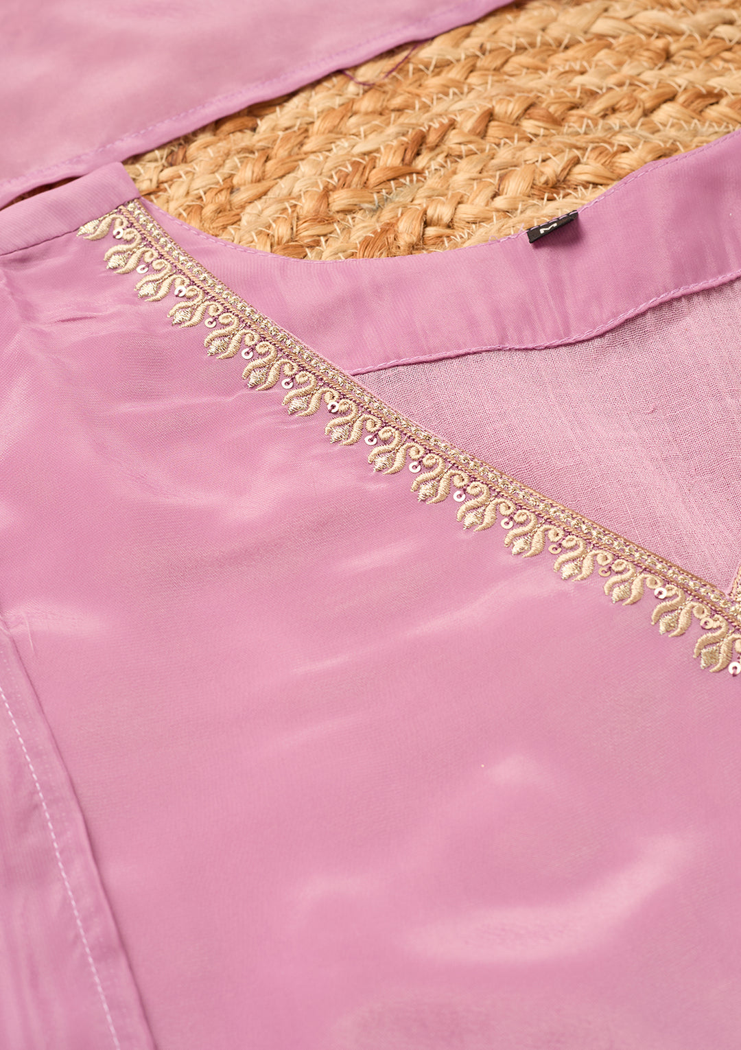 Mauve Semi Crepe Threadwork Straight Kurta With Pant Regular And Dupatta
