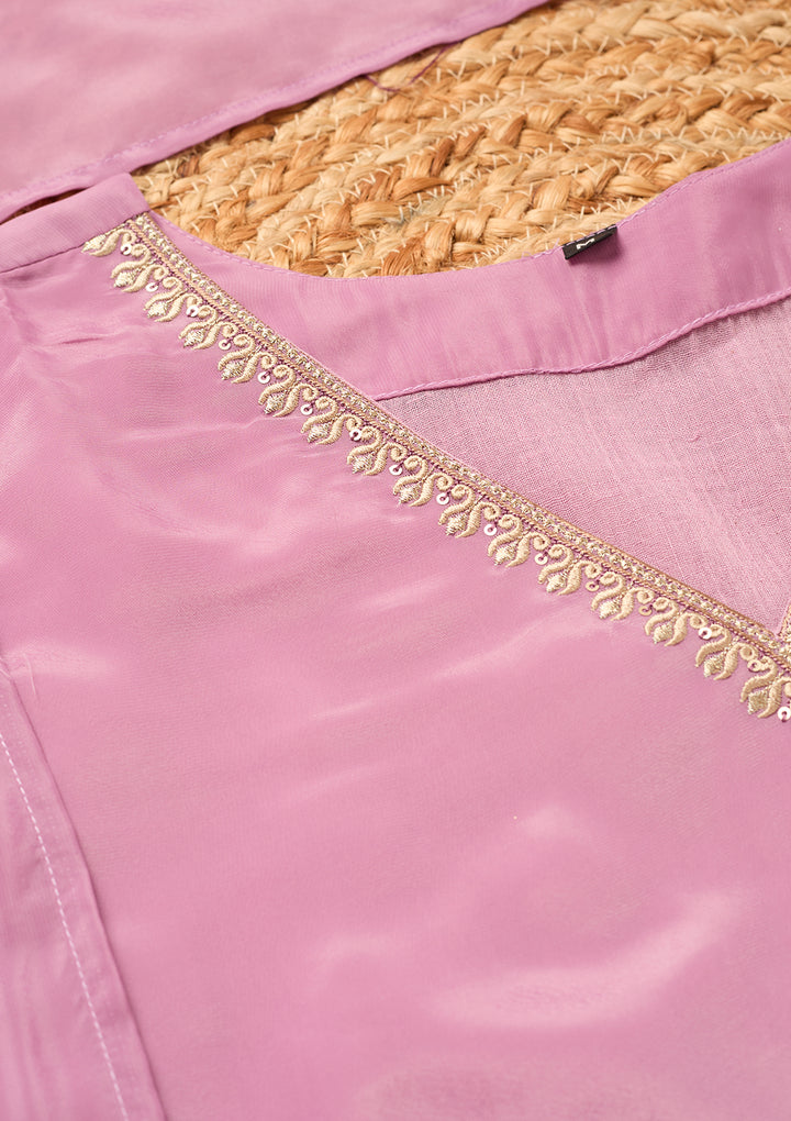 Mauve Semi Crepe Threadwork Straight Kurta With Pant Regular And Dupatta