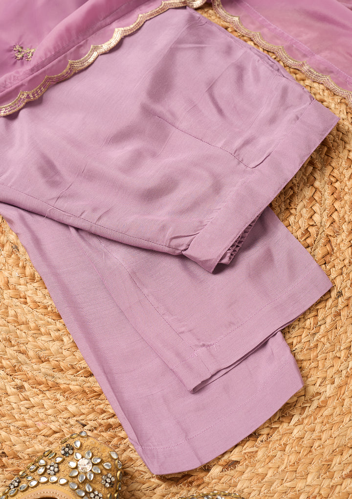 Mauve Semi Crepe Threadwork Straight Kurta With Pant Regular And Dupatta