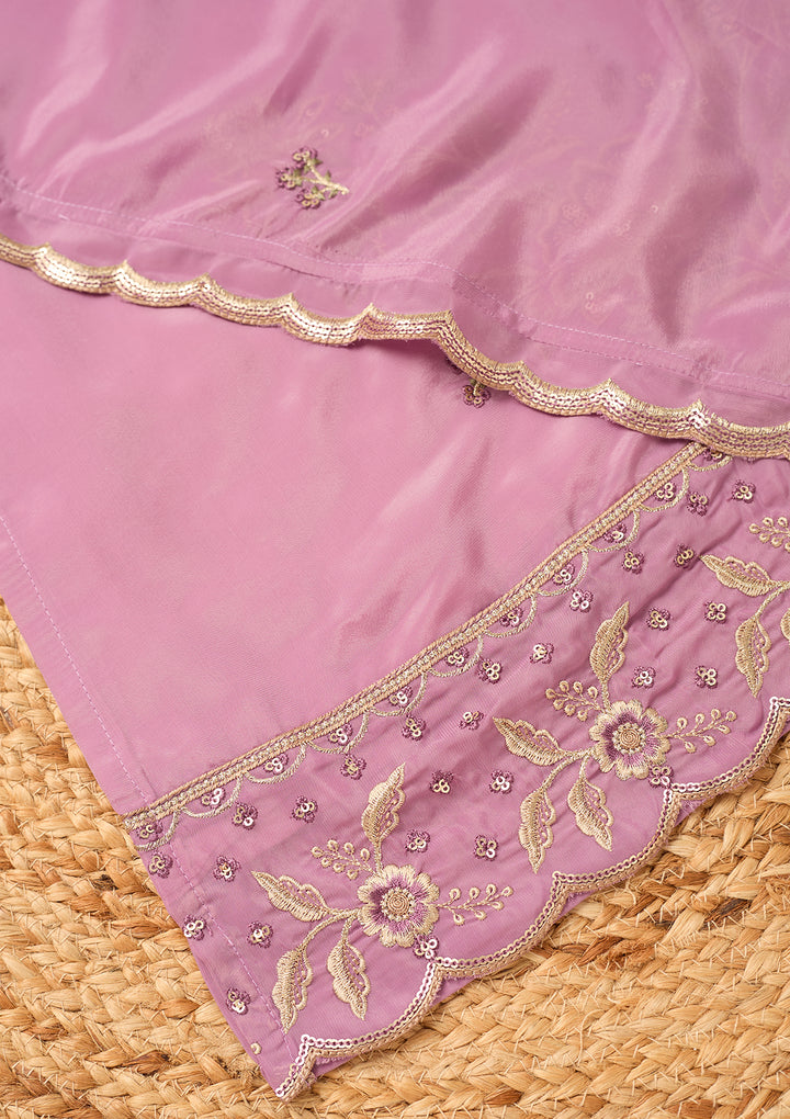 Mauve Semi Crepe Threadwork Straight Kurta With Pant Regular And Dupatta