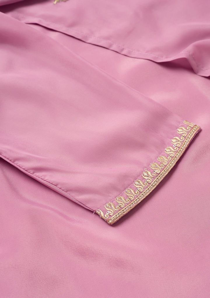 Mauve Semi Crepe Threadwork Straight Kurta With Pant Regular And Dupatta