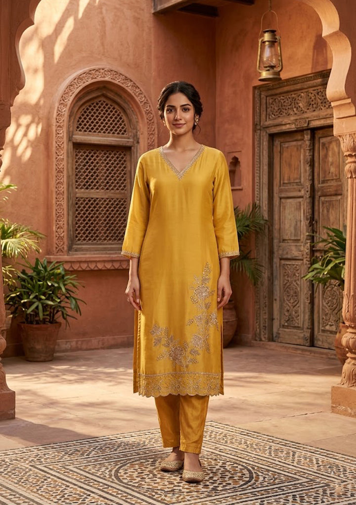 Mustard Semi Crepe Threadwork Straight Kurta With Pant Regular And Dupatta