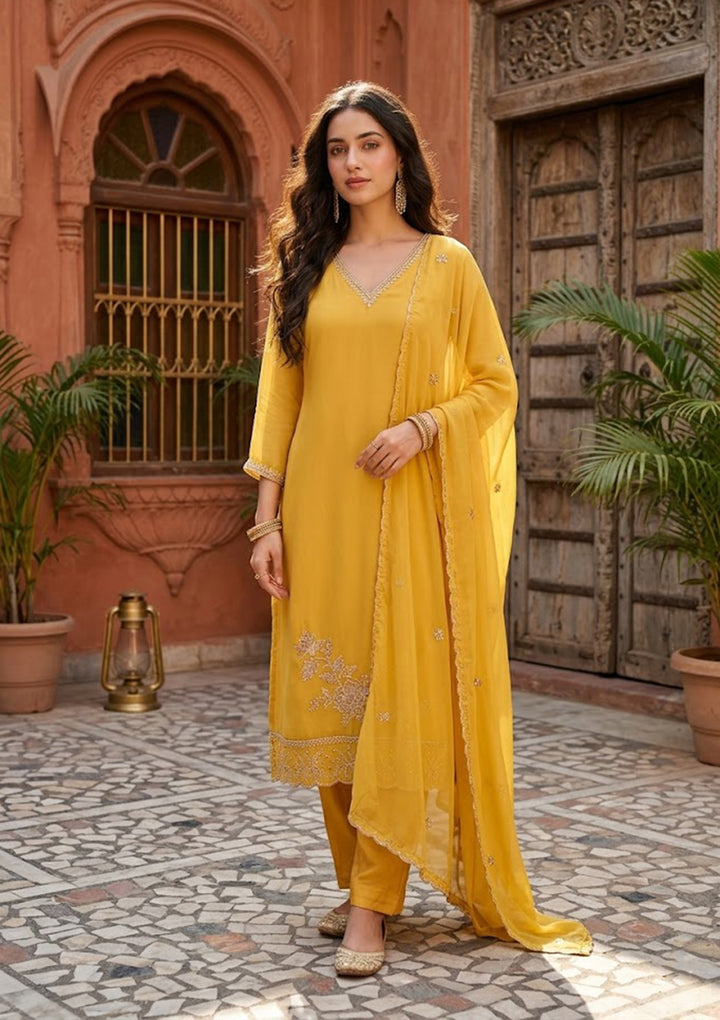 Mustard Semi Crepe Threadwork Straight Kurta With Pant Regular And Dupatta
