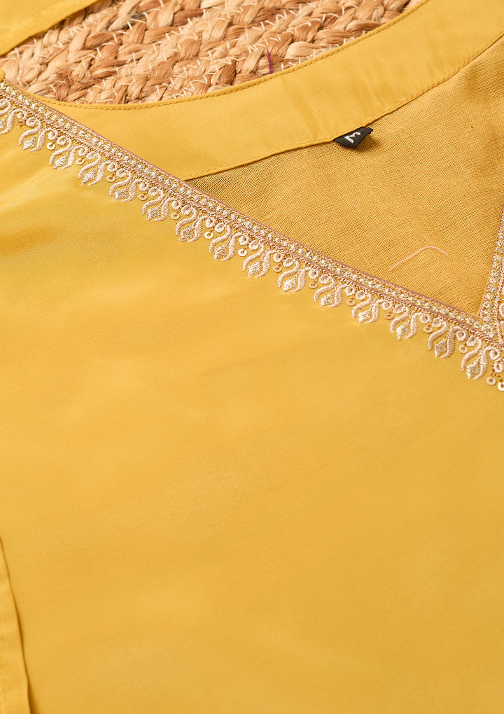 Mustard Semi Crepe Threadwork Straight Kurta With Pant Regular And Dupatta
