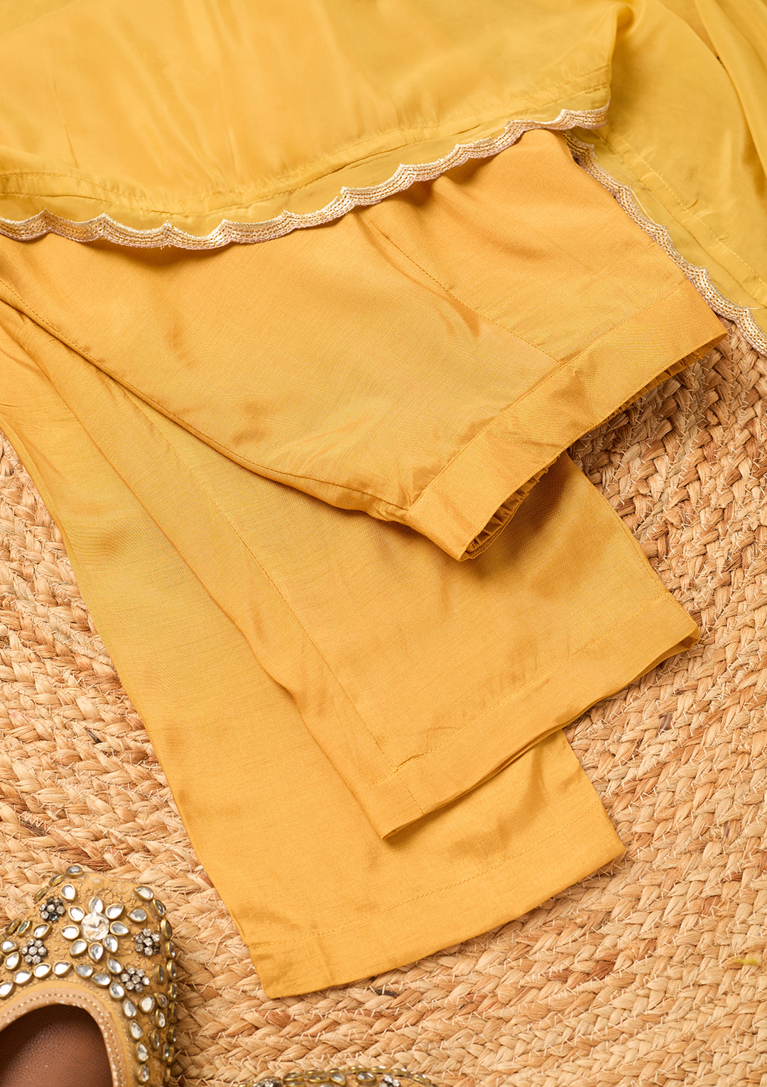 Mustard Semi Crepe Threadwork Straight Kurta With Pant Regular And Dupatta