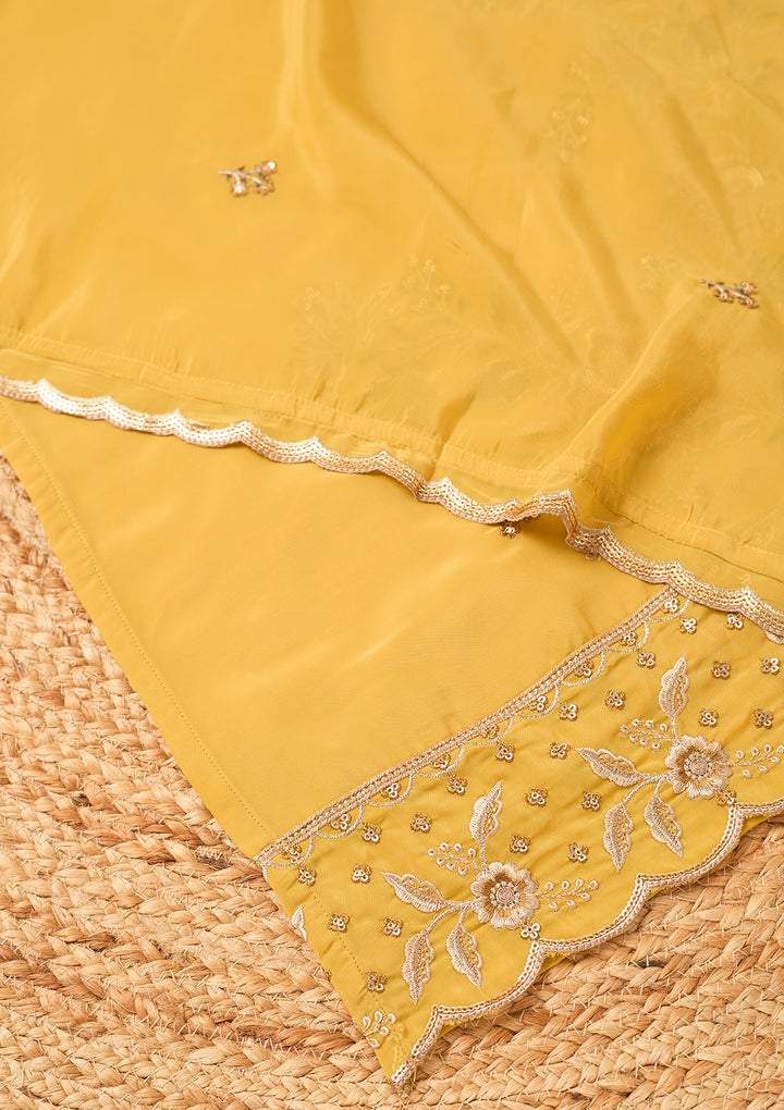 Mustard Semi Crepe Threadwork Straight Kurta With Pant Regular And Dupatta