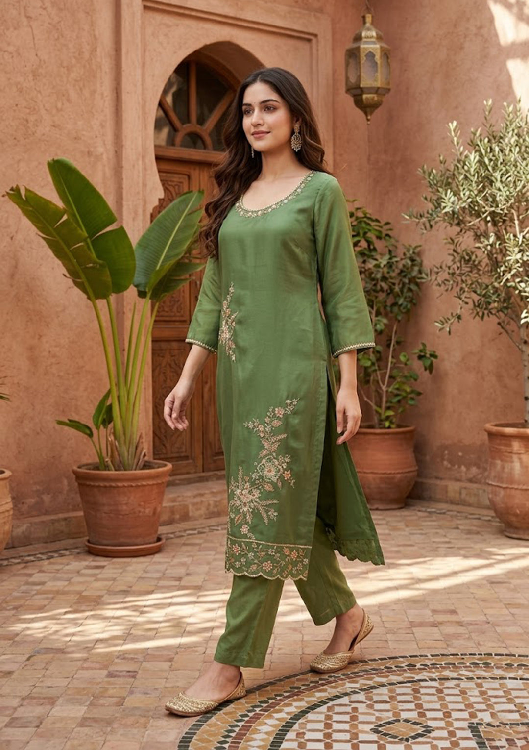 Mehendi Semi Crepe Threadwork Straight Kurta With Pant Regular And Dupatta
