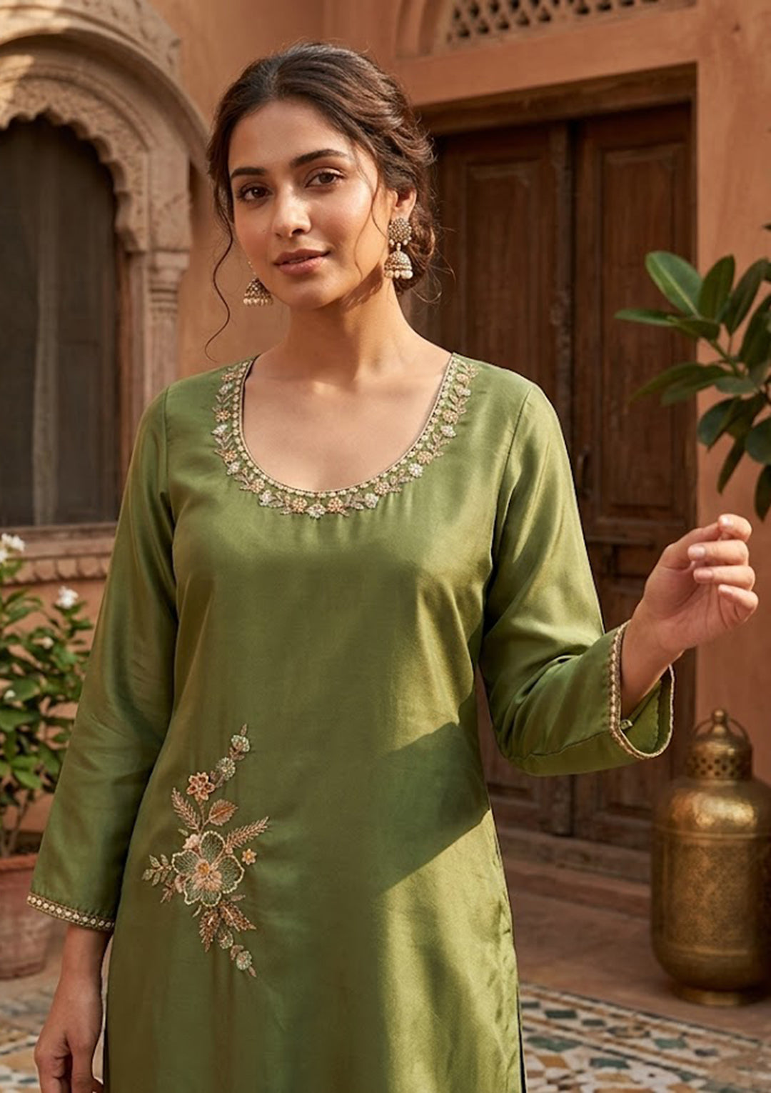 Mehendi Semi Crepe Threadwork Straight Kurta With Pant Regular And Dupatta