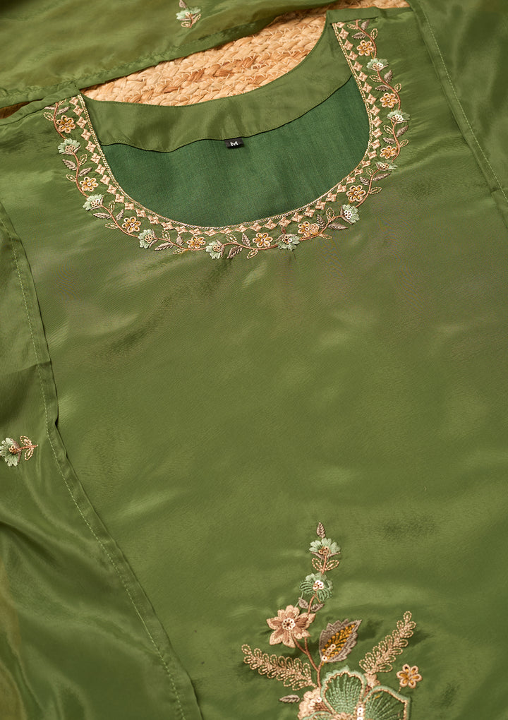 Mehendi Semi Crepe Threadwork Straight Kurta With Pant Regular And Dupatta