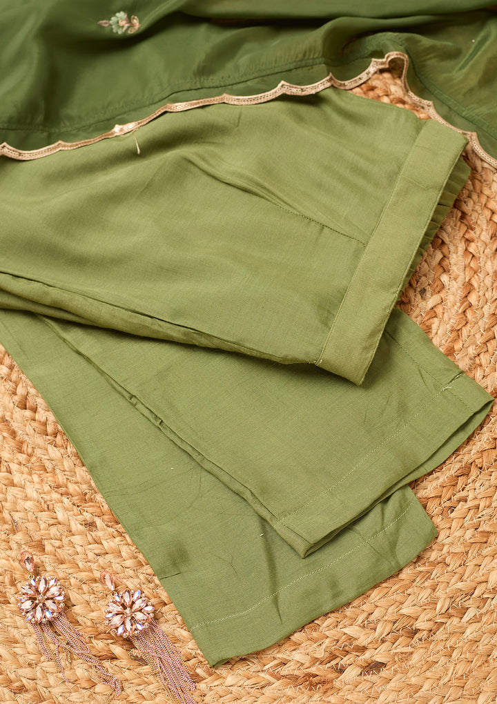 Mehendi Semi Crepe Threadwork Straight Kurta With Pant Regular And Dupatta