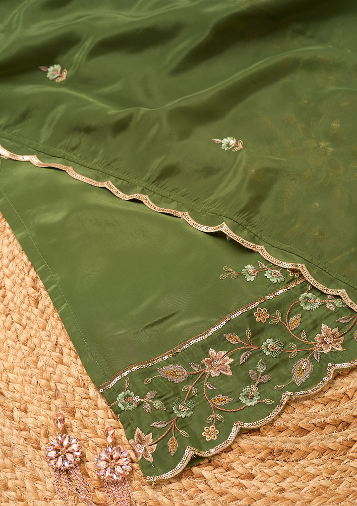 Mehendi Semi Crepe Threadwork Straight Kurta With Pant Regular And Dupatta
