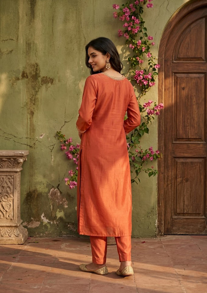 Rust Semi Crepe Threadwork Straight Kurta With Pant Regular And Dupatta