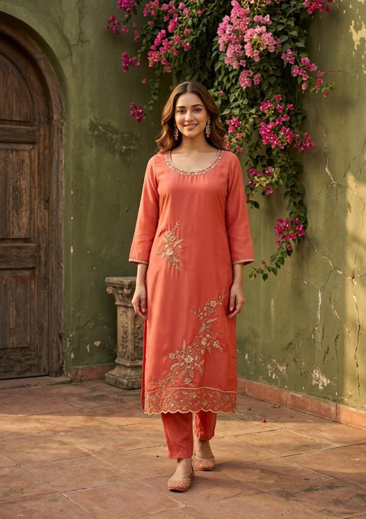 Rust Semi Crepe Threadwork Straight Kurta With Pant Regular And Dupatta