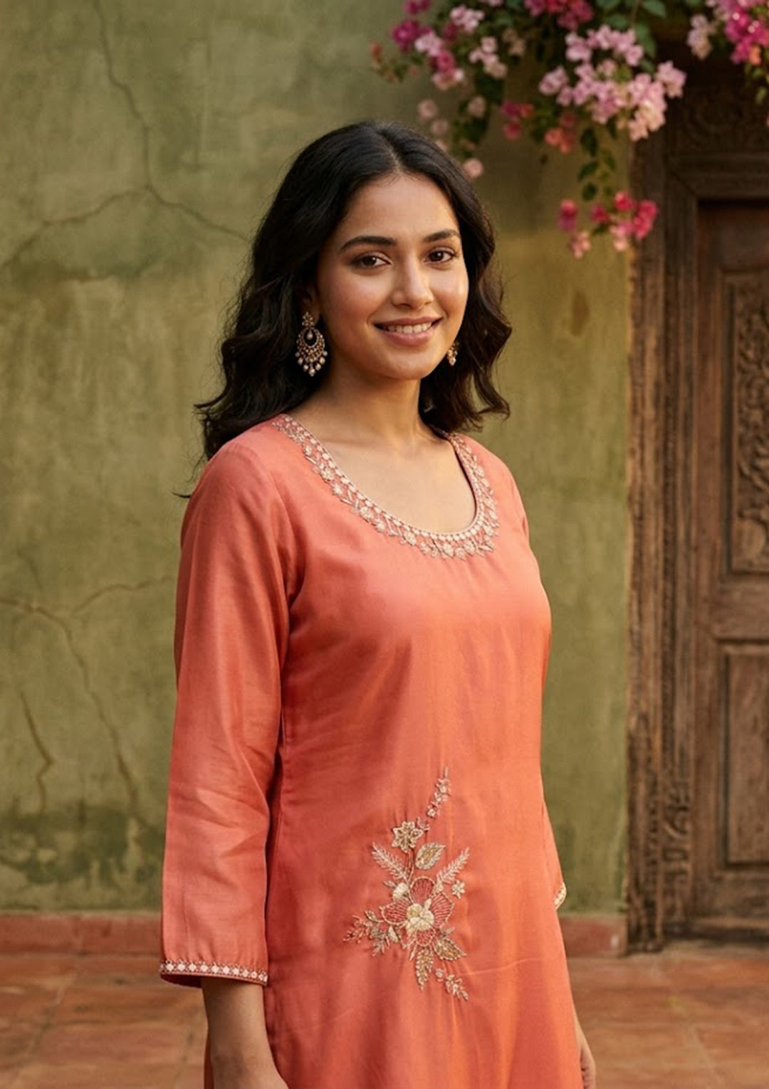 Rust Semi Crepe Threadwork Straight Kurta With Pant Regular And Dupatta