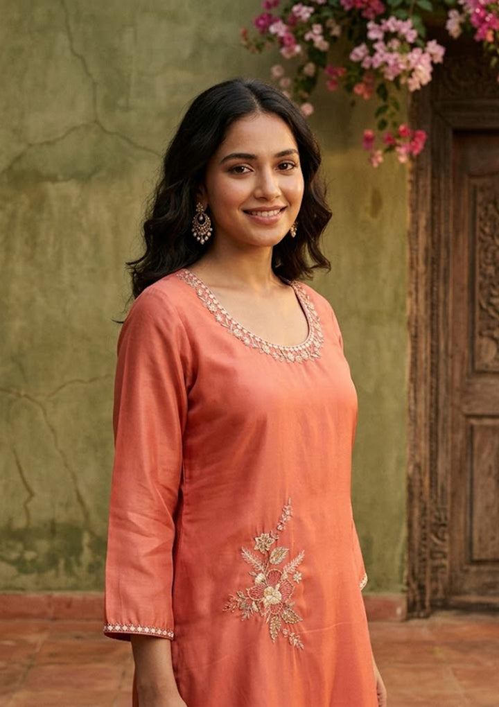 Rust Semi Crepe Threadwork Straight Kurta With Pant Regular And Dupatta