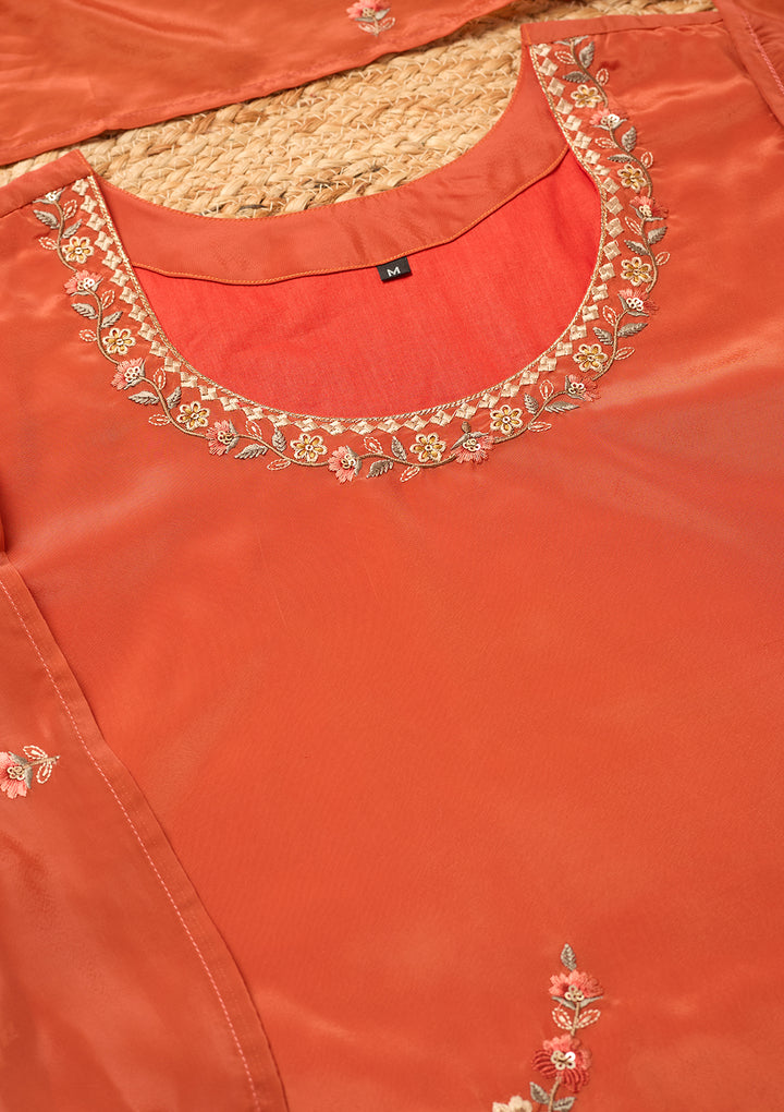 Rust Semi Crepe Threadwork Straight Kurta With Pant Regular And Dupatta