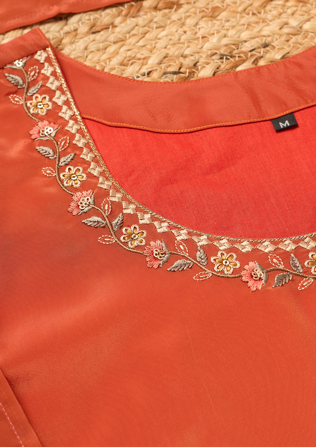 Rust Semi Crepe Threadwork Straight Kurta With Pant Regular And Dupatta