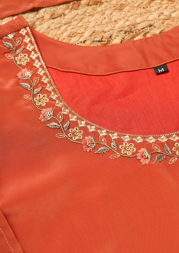 Rust Semi Crepe Threadwork Straight Kurta With Pant Regular And Dupatta
