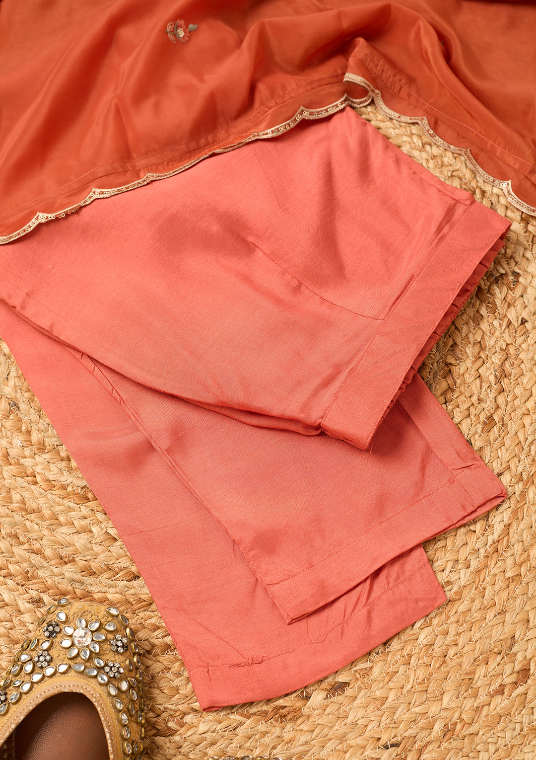 Rust Semi Crepe Threadwork Straight Kurta With Pant Regular And Dupatta