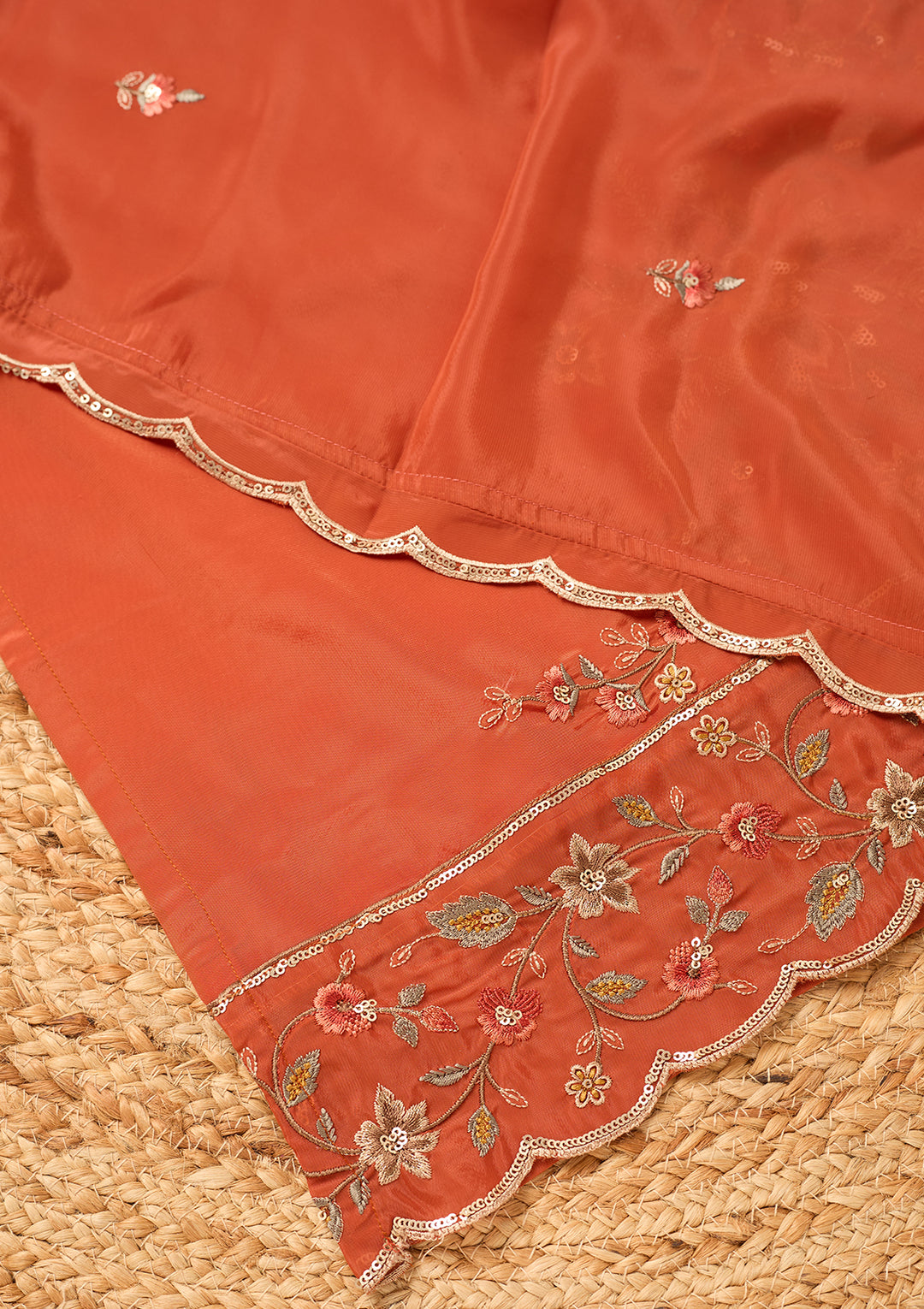 Rust Semi Crepe Threadwork Straight Kurta With Pant Regular And Dupatta