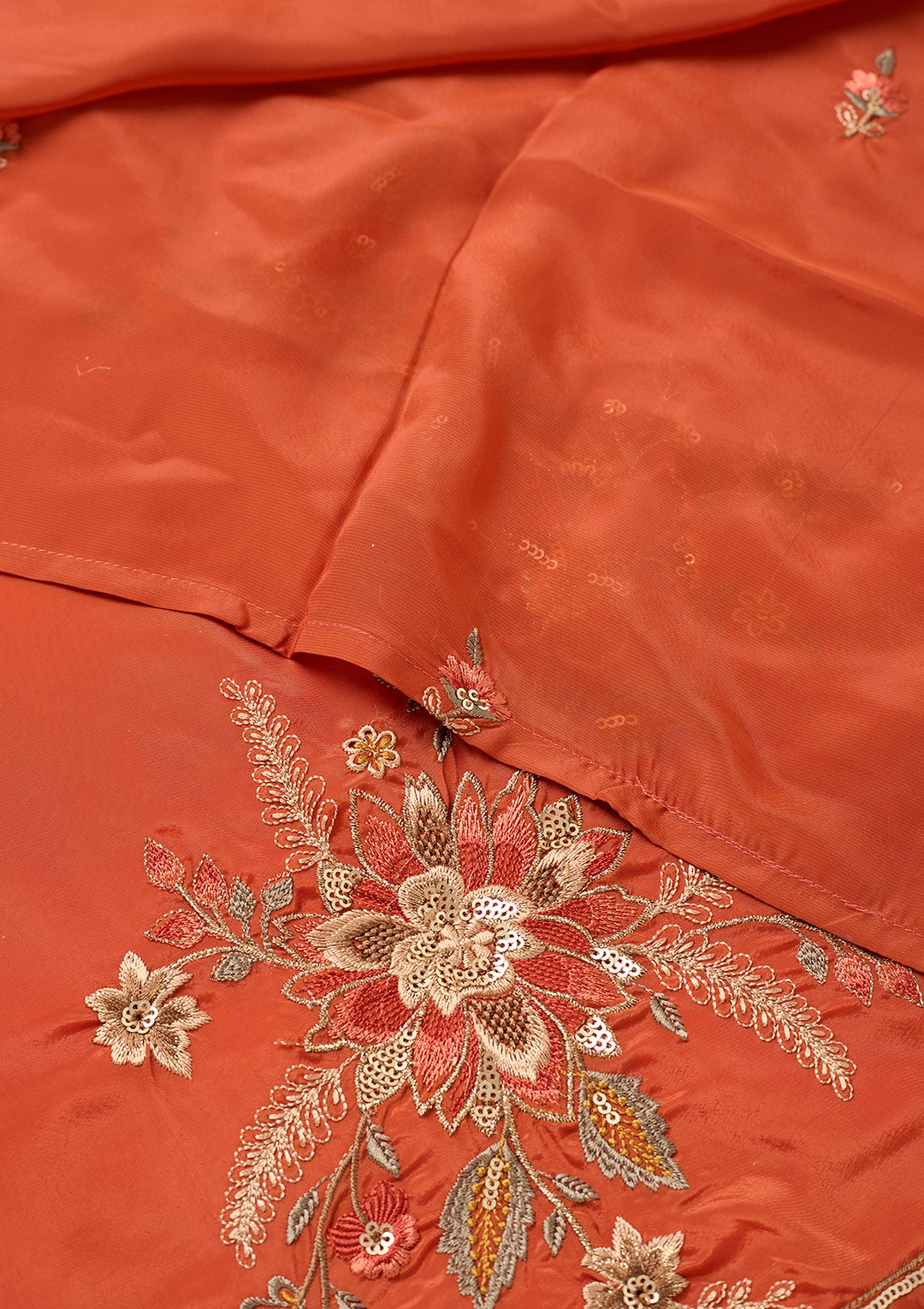 Rust Semi Crepe Threadwork Straight Kurta With Pant Regular And Dupatta