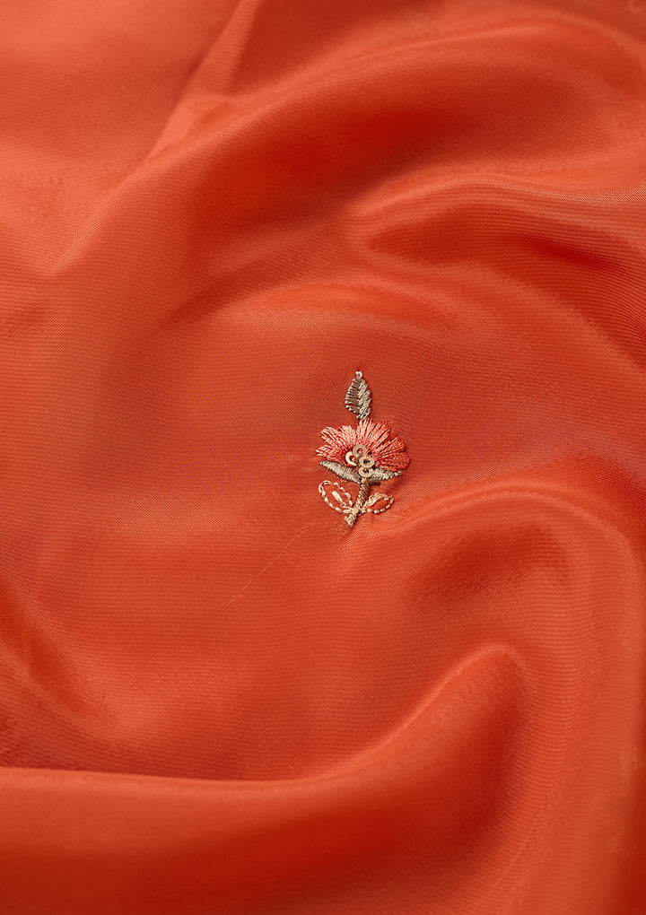 Rust Semi Crepe Threadwork Straight Kurta With Pant Regular And Dupatta