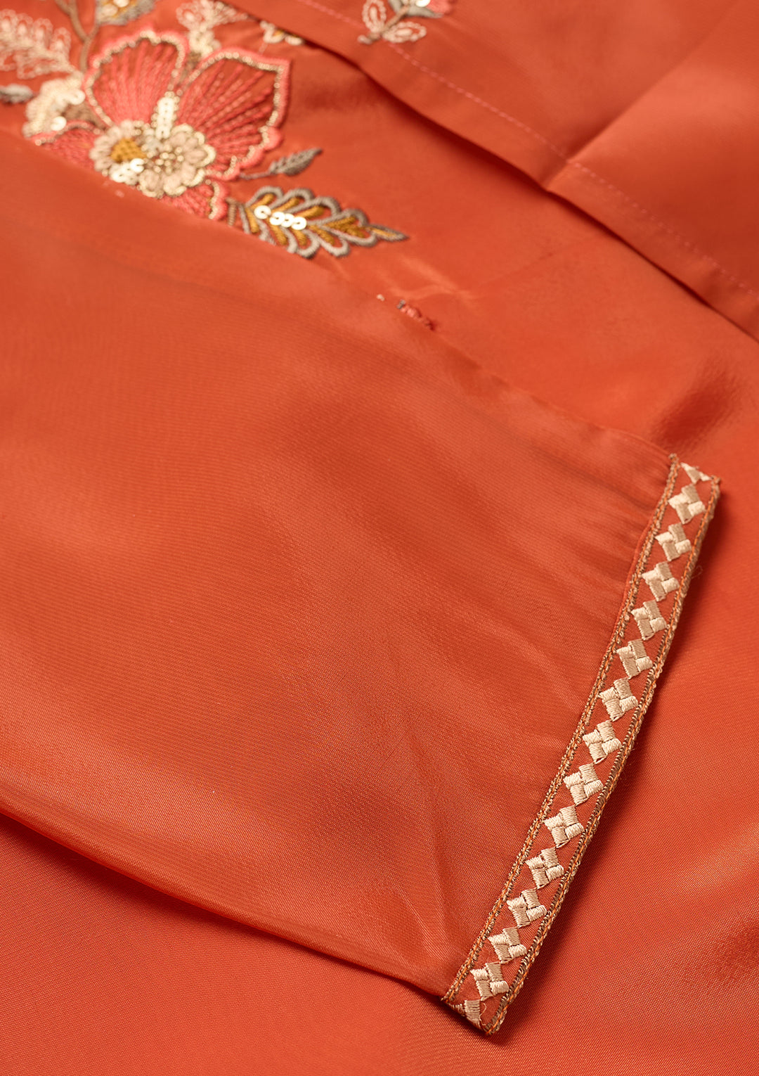 Rust Semi Crepe Threadwork Straight Kurta With Pant Regular And Dupatta