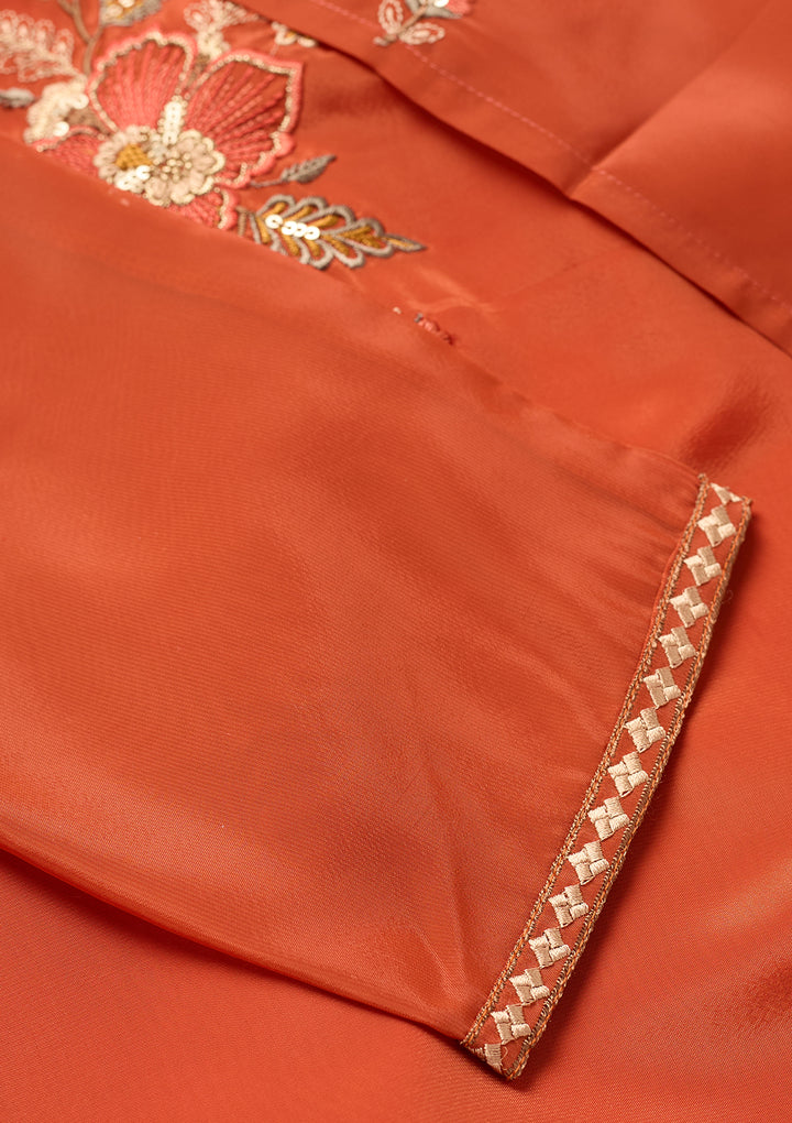 Rust Semi Crepe Threadwork Straight Kurta With Pant Regular And Dupatta