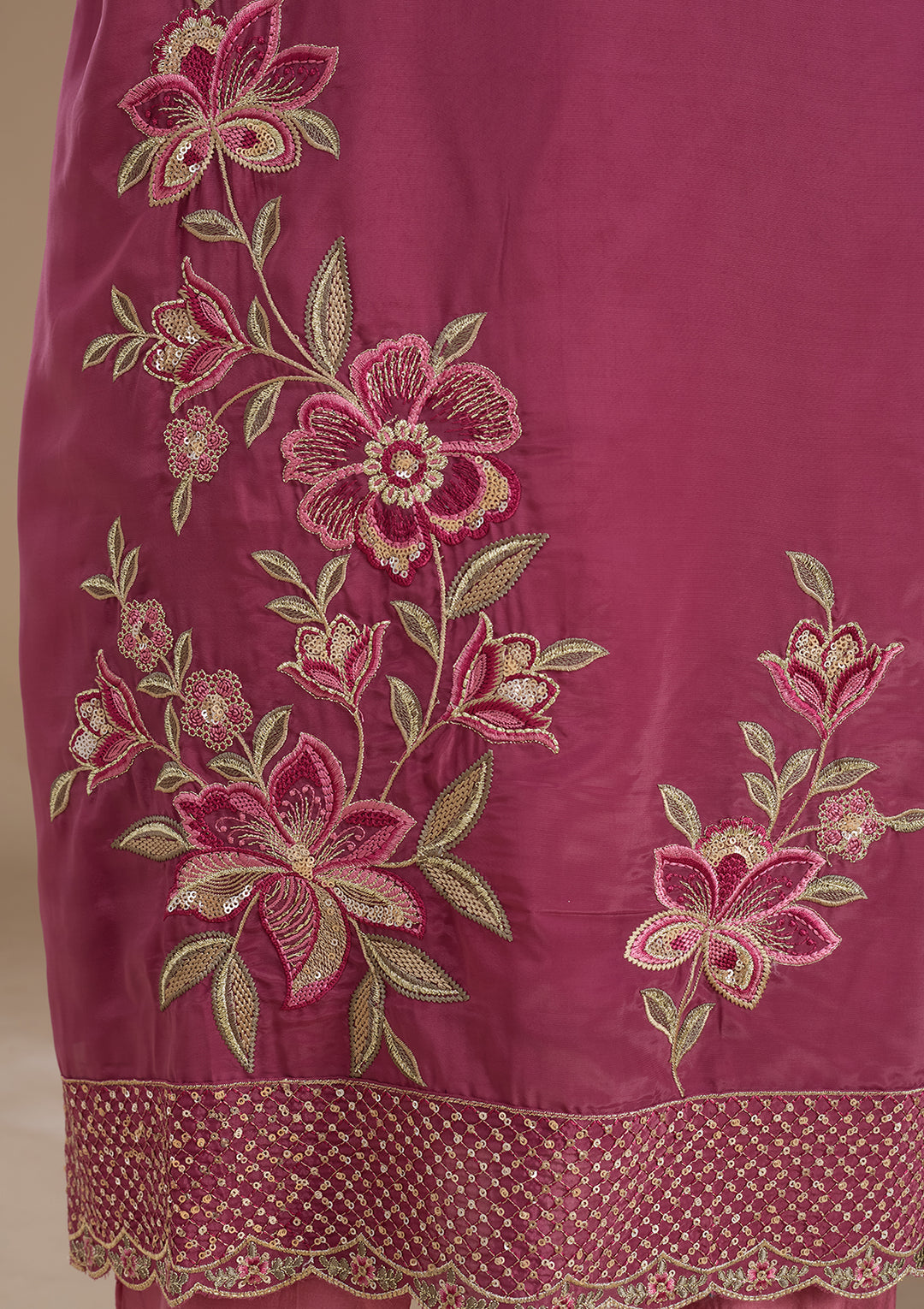 Dark Onion Pink Semi Crepe Threadwork Straight Kurta With Pant Regular And Dupatta