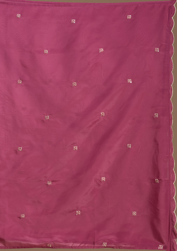 Dark Onion Pink Semi Crepe Threadwork Straight Kurta With Pant Regular And Dupatta