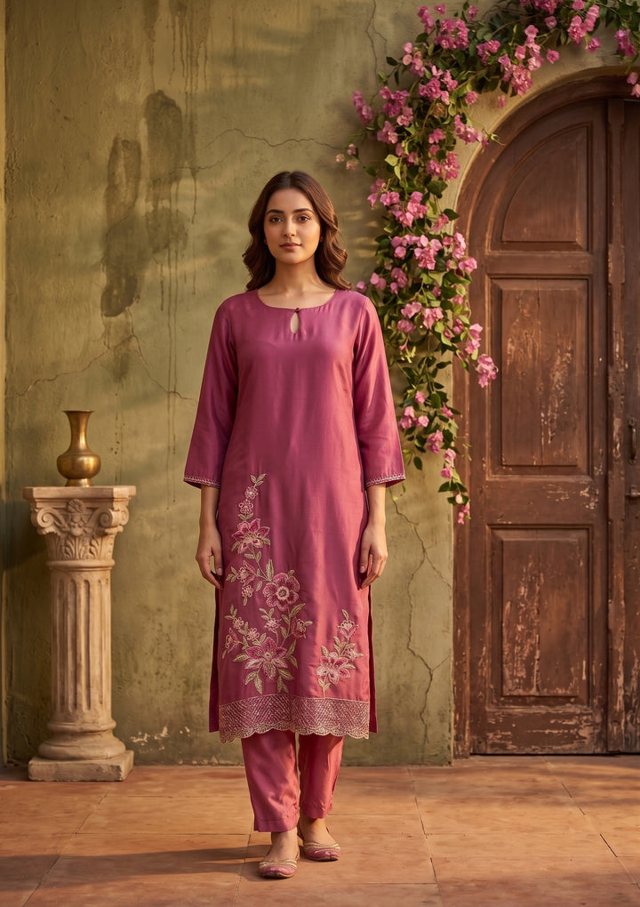 Dark Onion Pink Semi Crepe Threadwork Straight Kurta With Pant Regular And Dupatta