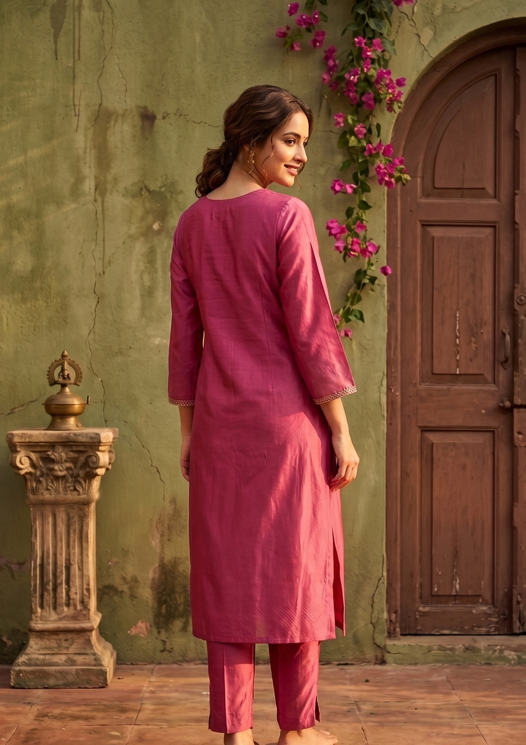 Dark Onion Pink Semi Crepe Threadwork Straight Kurta With Pant Regular And Dupatta