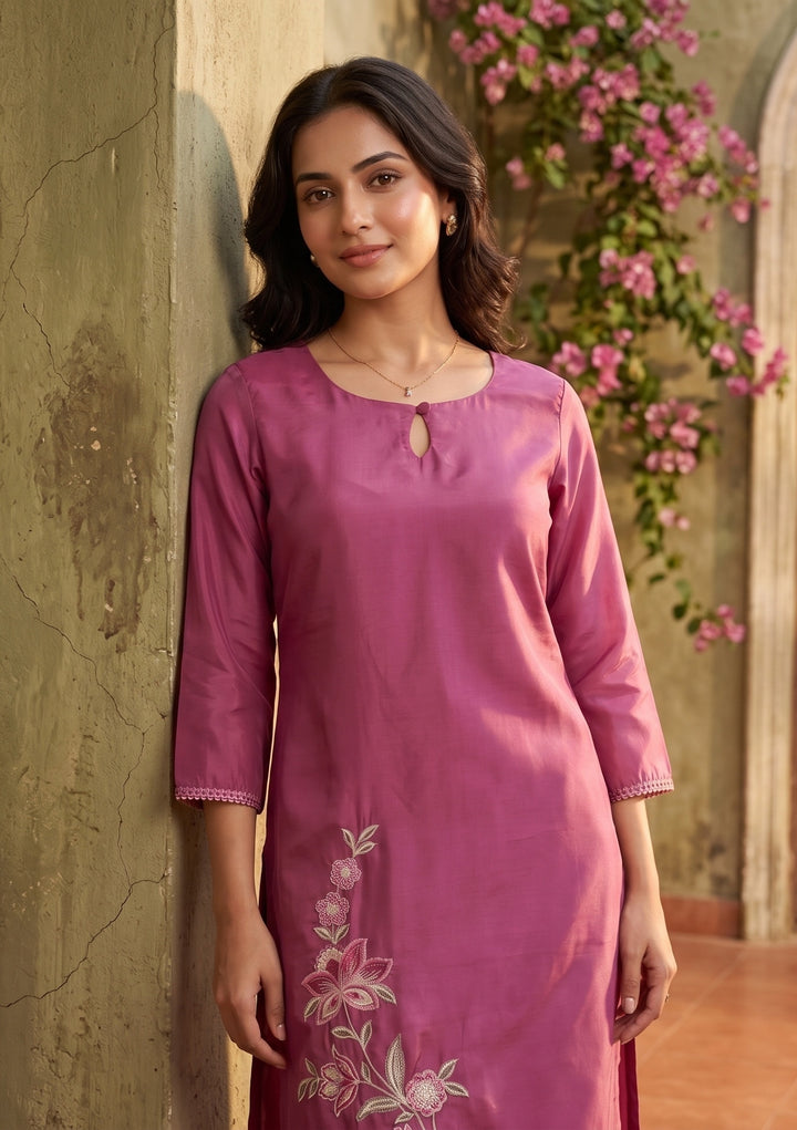 Dark Onion Pink Semi Crepe Threadwork Straight Kurta With Pant Regular And Dupatta